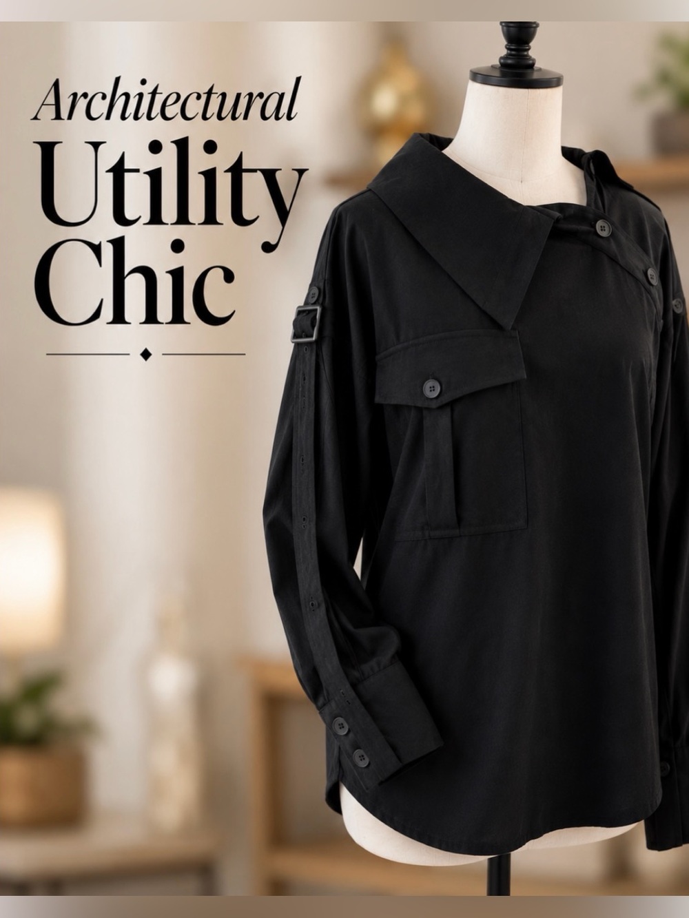 Mango Architectural Utility Chic Asymmetric Black Blouse NWT